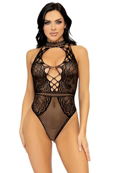Net & Lace Keyhole Bodysuit Black Teddy Onesize