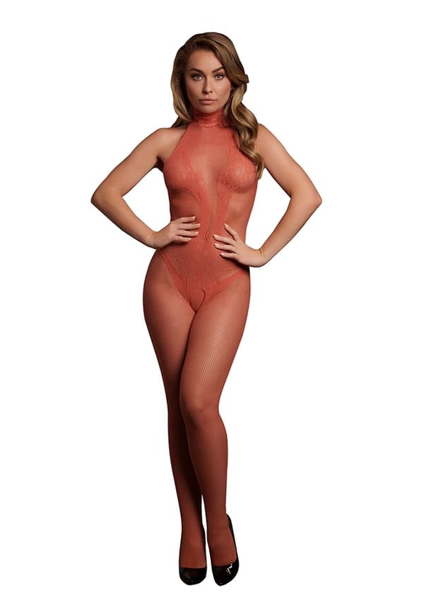 Röd Bodystocking med fisknät och spets
