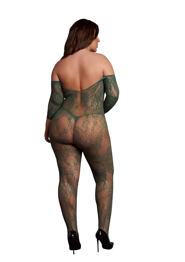 Grön Långärmad Bodystocking i spets - plus size