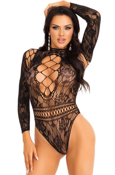High Neck Lace Bodysuit Black O/S Bodies & playsuits