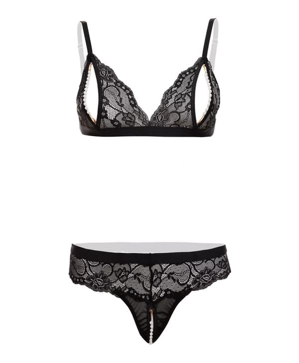 Open Bra Set with Pearls and Lace