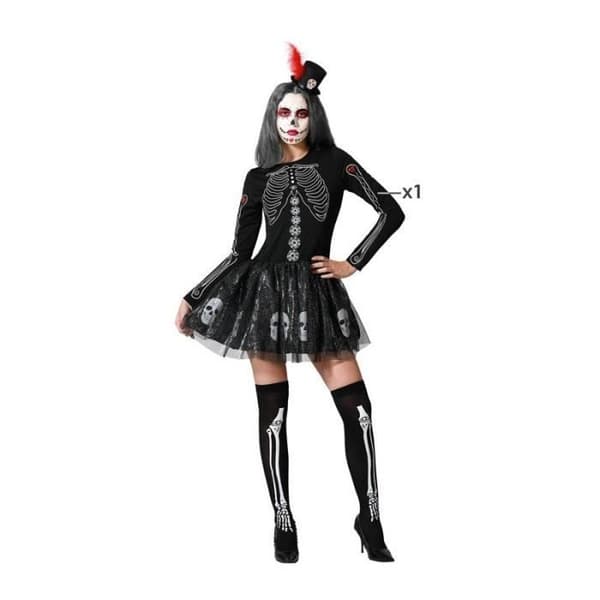 Sexig Skeleton Woman Costume - ATOSA - Halloween - Svart - Svart tyg och svart slöja med mini silverprickar