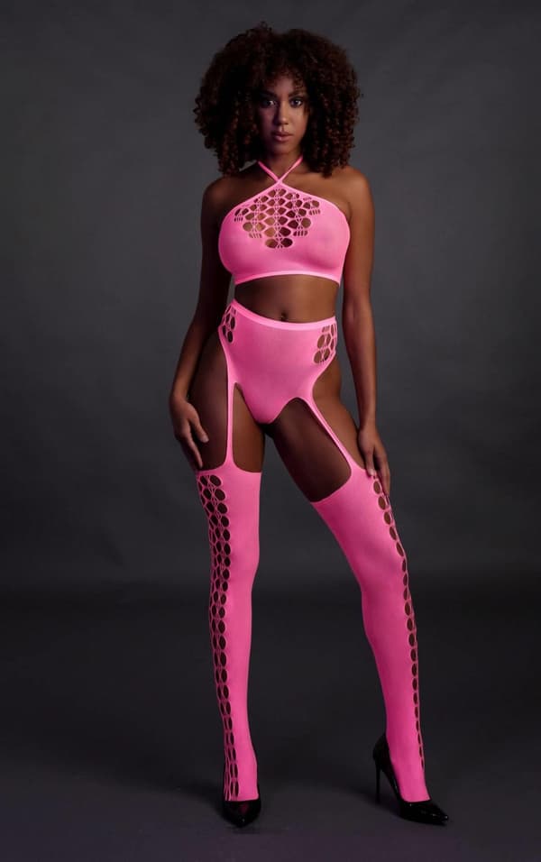 To stykker med Crop Top og Strømper Pink XS/XL
