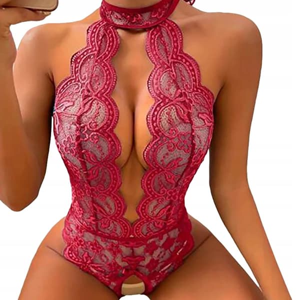 Sexigt UNDERKLÄDERSET SPETS Hål BODYSTOCKING Röd L