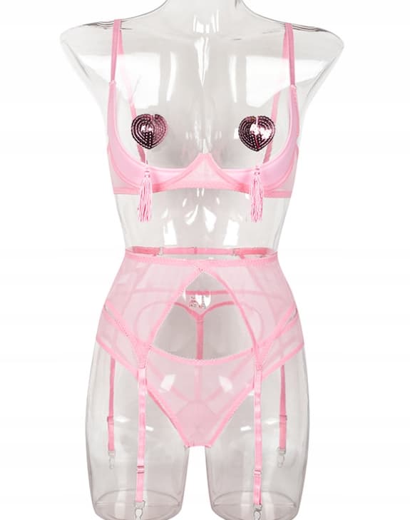 LINGERIESÆT ÅBEN BRYST BH BRYSTVORTEBÅND G-STRING PINK L