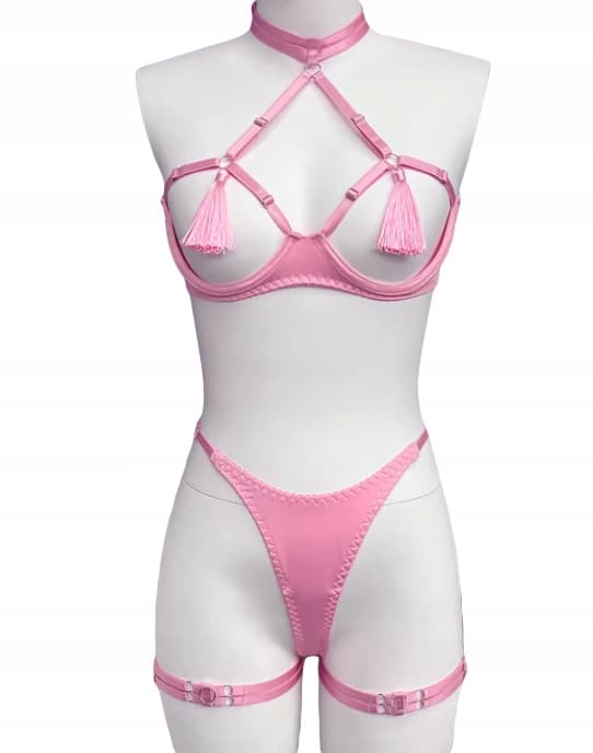 DAMUNDERKLÄDER BH ÖPPEN BYST FRANSAR AMBAND THONG ROSA L