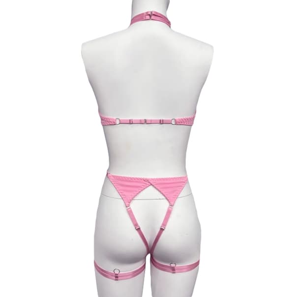 DAMUNDERKLÄDER BH ÖPPEN BYST FRANSAR AMBAND THONG ROSA L