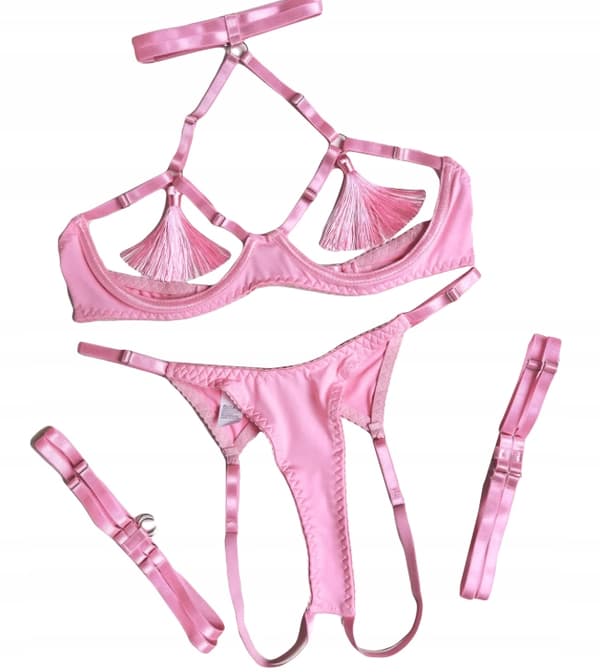 DAMUNDERKLÄDER BH ÖPPEN BYST FRANSAR AMBAND THONG ROSA L