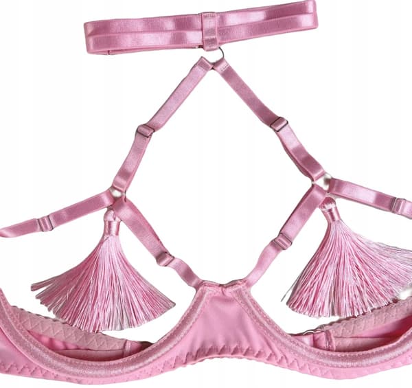 DAMUNDERKLÄDER BH ÖPPEN BYST FRANSAR AMBAND THONG ROSA L
