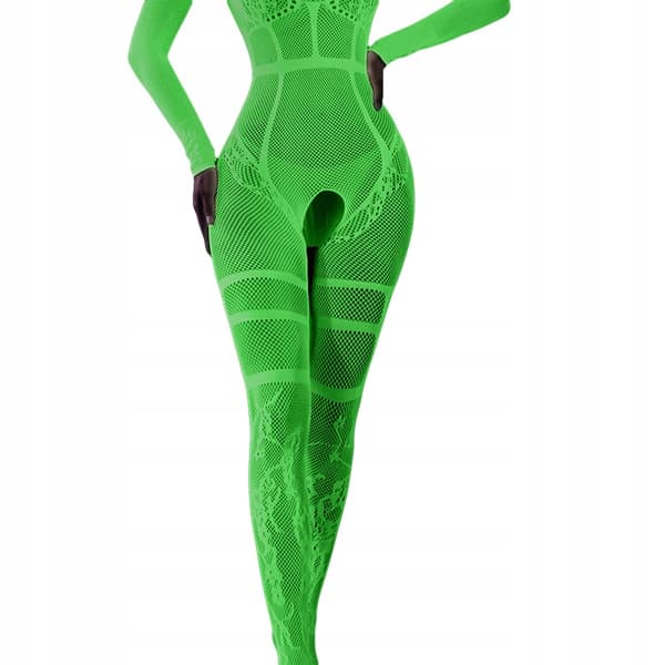 Bodystocking GLOWING IN THE DARK Mesh Jumpsuit med ÖPPET HÅL I GRENEN