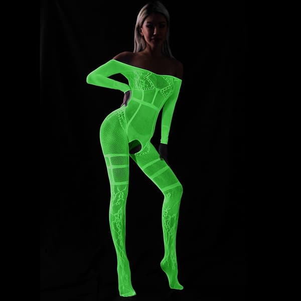 Bodystocking GLOWING IN THE DARK Mesh Jumpsuit med ÖPPET HÅL I GRENEN