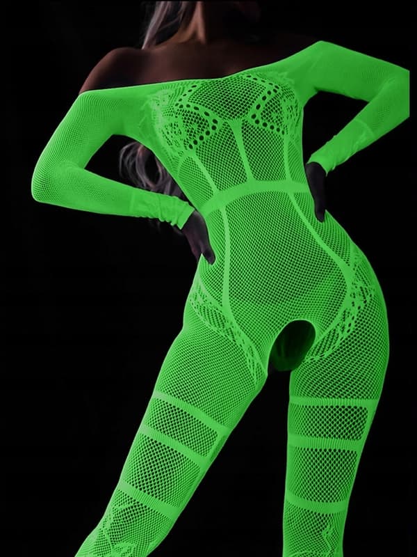 Bodystocking GLOWING IN THE DARK Mesh Jumpsuit med ÖPPET HÅL I GRENEN