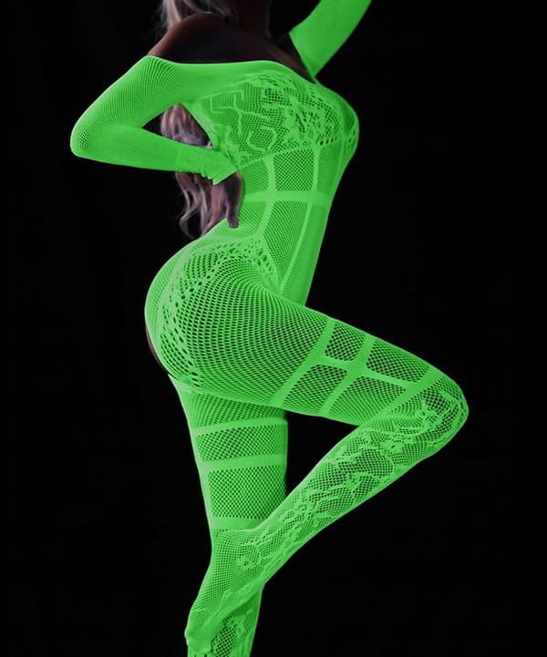 Bodystocking GLOWING IN THE DARK Mesh Jumpsuit med ÖPPET HÅL I GRENEN