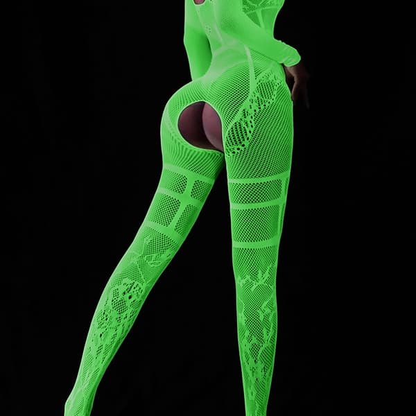 Bodystocking GLOWING IN THE DARK Mesh Jumpsuit med ÖPPET HÅL I GRENEN