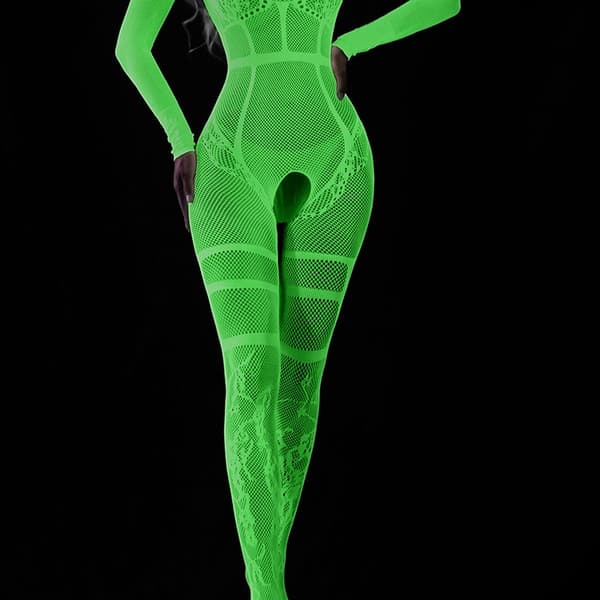 Bodystocking GLOWING IN THE DARK Mesh Jumpsuit med ÖPPET HÅL I GRENEN