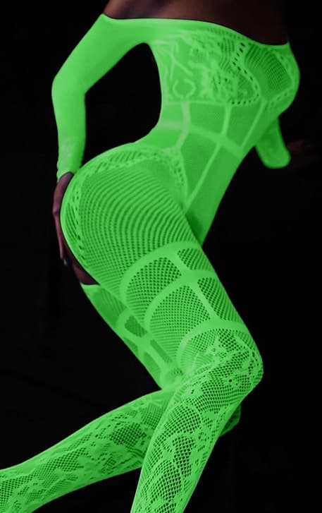 Bodystocking GLOWING IN THE DARK Mesh Jumpsuit med ÖPPET HÅL I GRENEN
