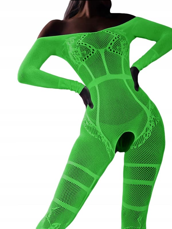 Bodystocking GLOWING IN THE DARK Mesh Jumpsuit med ÖPPET HÅL I GRENEN
