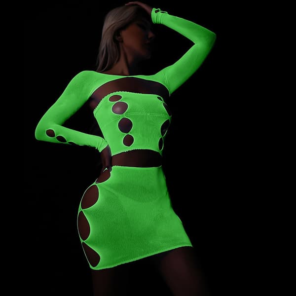 GLOW IN THE DARK Mesh Bodystocking DAMUNDERKLÄDER SET Sexigt
