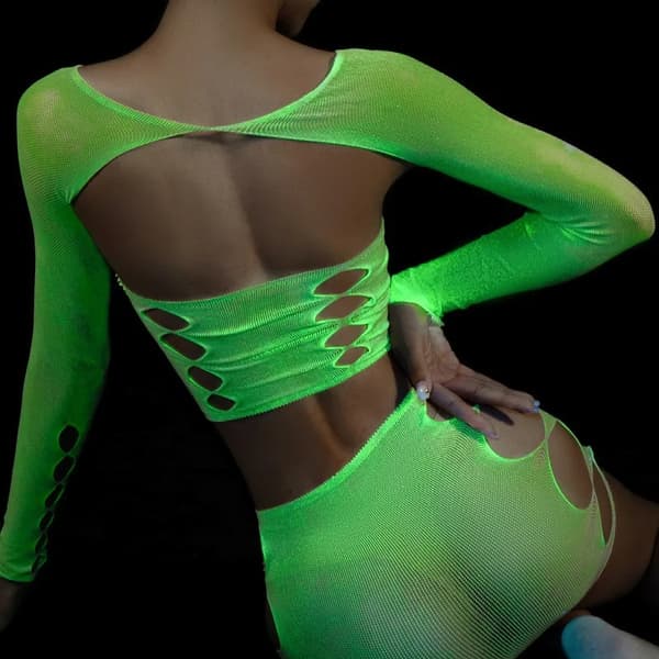 GLOW IN THE DARK Mesh Bodystocking DAMUNDERKLÄDER SET Sexigt