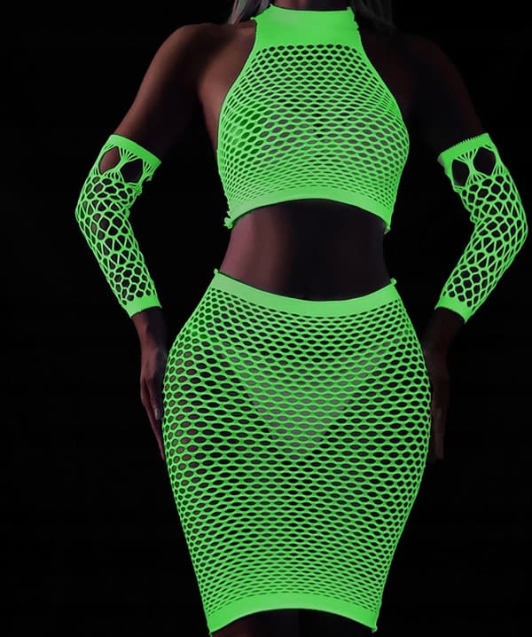 GLOW IN THE DARK Mesh Bodystocking LINGERIESET Sexigt