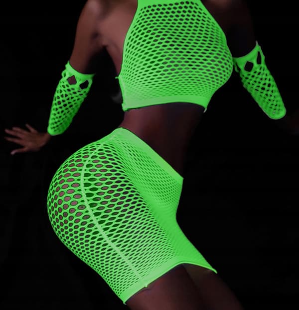 GLOW IN THE DARK Mesh Bodystocking LINGERIESET Sexigt