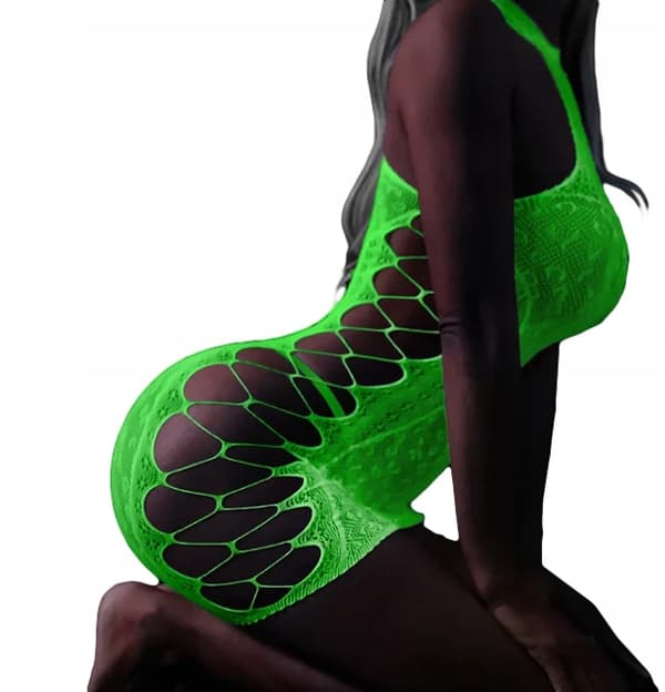 GLOW IN THE DARK Mesh Bodystocking med HÅL FLUORÖR Klänning R.Uni