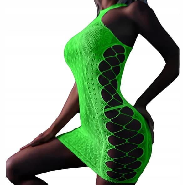 GLOW IN THE DARK Mesh Bodystocking med HÅL FLUORÖR Klänning R.Uni