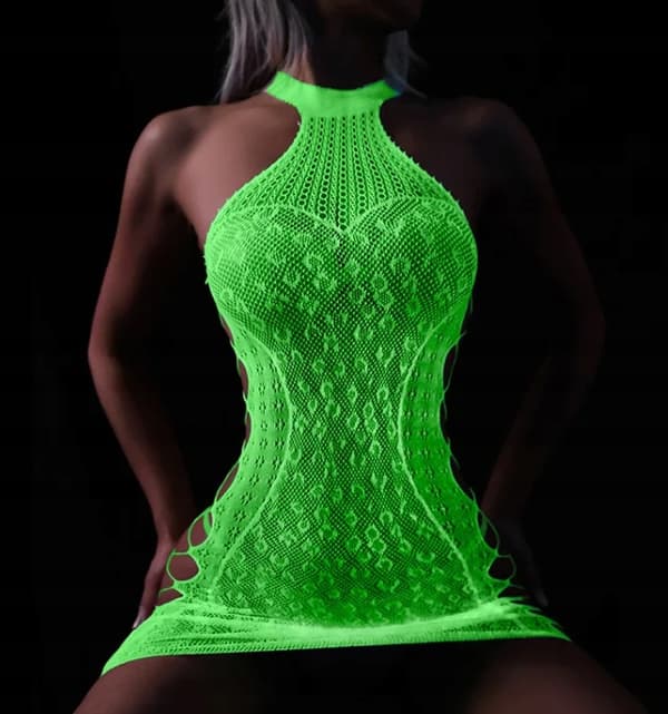 GLOW IN THE DARK Mesh Bodystocking med HÅL FLUORÖR Klänning R.Uni