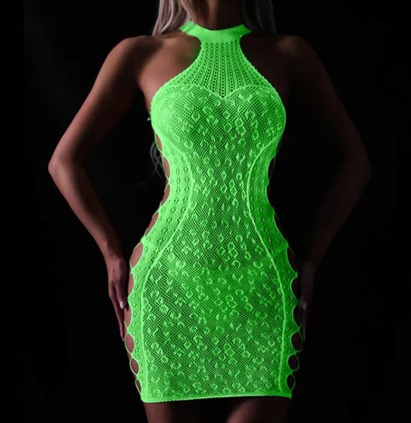 GLOW IN THE DARK Mesh Bodystocking med HÅL FLUORÖR Klänning R.Uni
