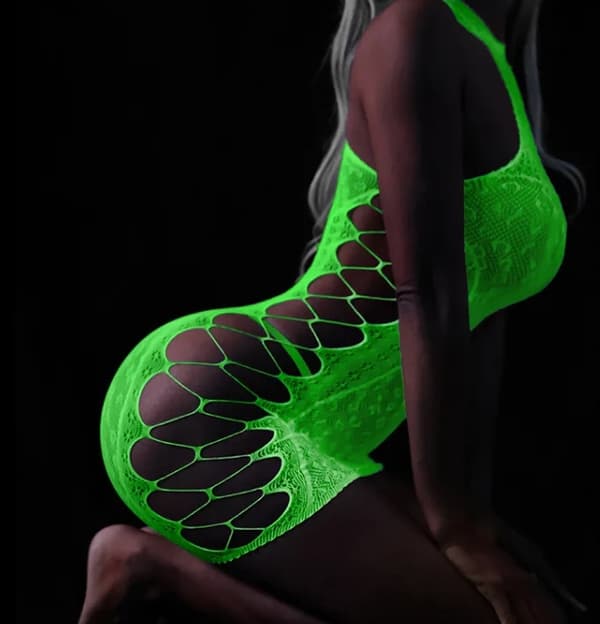 GLOW IN THE DARK Mesh Bodystocking med HÅL FLUORÖR Klänning R.Uni