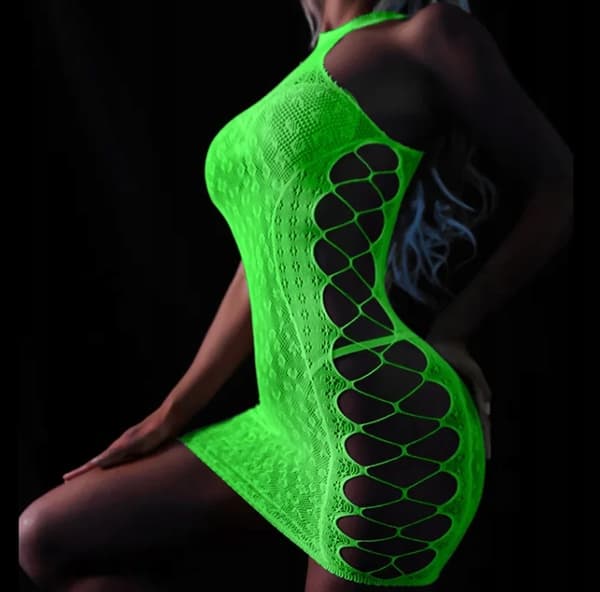 GLOW IN THE DARK Mesh Bodystocking med HÅL FLUORÖR Klänning R.Uni