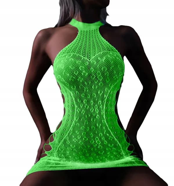 GLOW IN THE DARK Mesh Bodystocking med HÅL FLUORÖR Klänning R.Uni