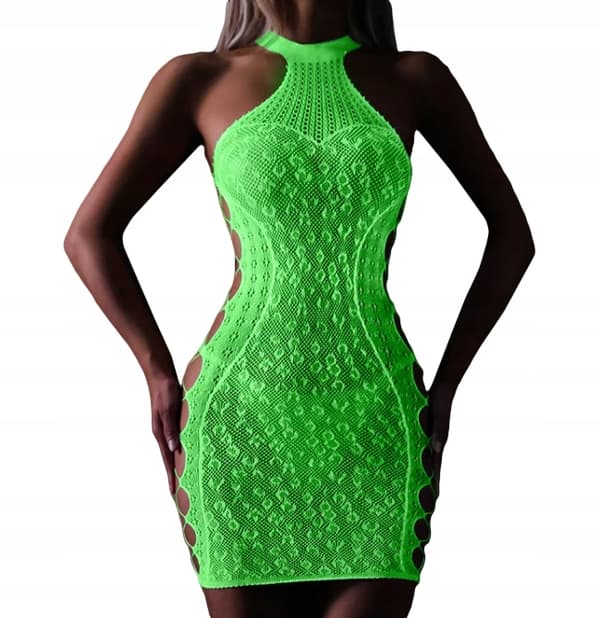 GLOW IN THE DARK Mesh Bodystocking med HÅL FLUORÖR Klänning R.Uni