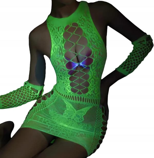 GLOW IN THE DARK Mesh Bodystocking med HÅL UNIVERSAL klänning