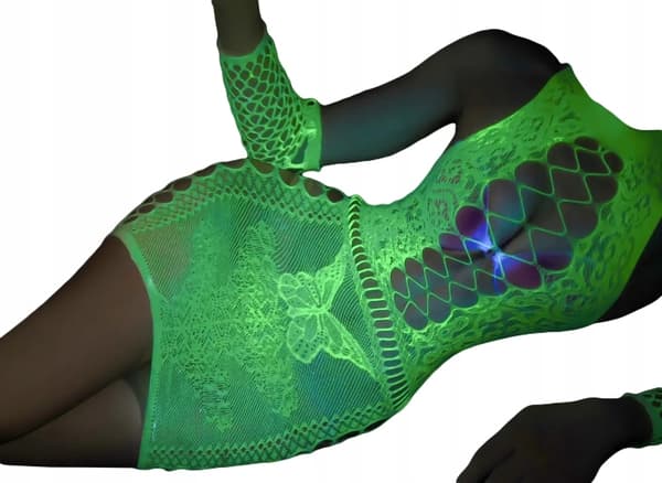 GLOW IN THE DARK Mesh Bodystocking med HÅL UNIVERSAL klänning