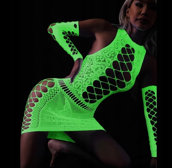 GLOW IN THE DARK Mesh Bodystocking med HÅL UNIVERSAL klänning