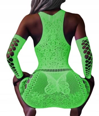GLOW IN THE DARK Mesh Bodystocking med HÅL UNIVERSAL klänning