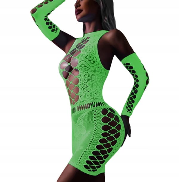 GLOW IN THE DARK Mesh Bodystocking med HÅL UNIVERSAL klänning