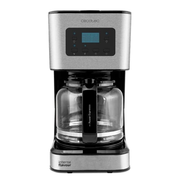 Cecotec Digital drip-coffee machine for 12 cups, with stainless-steel finish and aroma enhancer.
