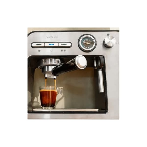 Cecotec 20-bar espresso coffee machine with thermoblock, pressure gauge and steam tube.
