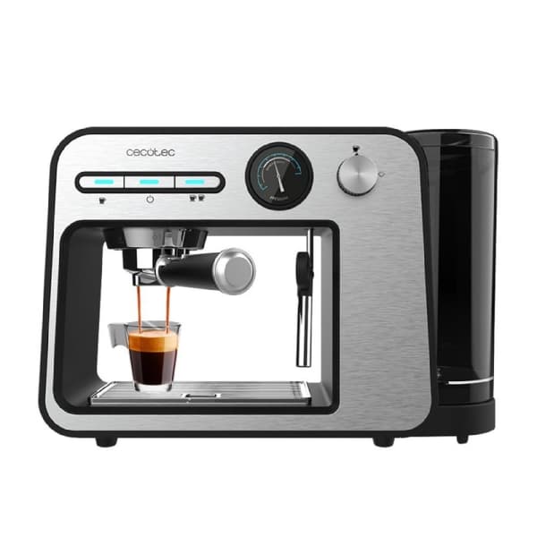 Cecotec 20-bar espresso coffee machine with thermoblock, pressure gauge and steam tube.