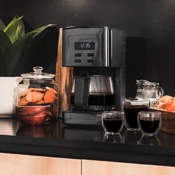 Cecotec Digital drip-coffee machine for 12 cups, with stainless-steel finish and aroma enhancer.