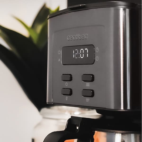 Cecotec Digital drip-coffee machine for 12 cups, with stainless-steel finish and aroma enhancer.