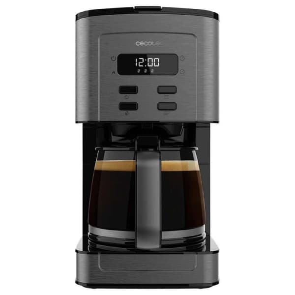 Cecotec Digital drip-coffee machine for 12 cups, with stainless-steel finish and aroma enhancer.
