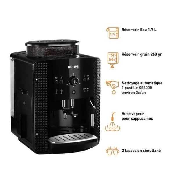 KRUPS kaffebönmaskin, 1,7 l, espressomaskin, ångmunstycke för cappuccino, 2 koppar samtidigt, Essential YY8125FD
