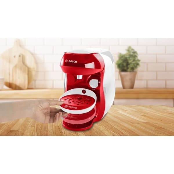 Maskin för flera drycker - BOSCH TAS1006 - TASSIMO T10 HAPPY - Röd och vit - Automatisk avstängning - T-Disc