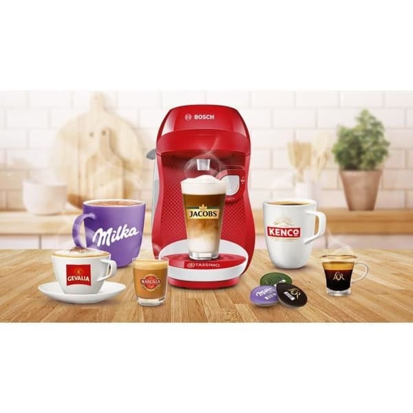 Maskin för flera drycker - BOSCH TAS1006 - TASSIMO T10 HAPPY - Röd och vit - Automatisk avstängning - T-Disc