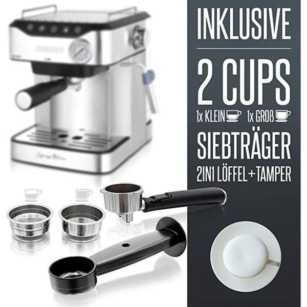 20 bars tryck espressomaskin med mjölkskummare 1,6 L tank