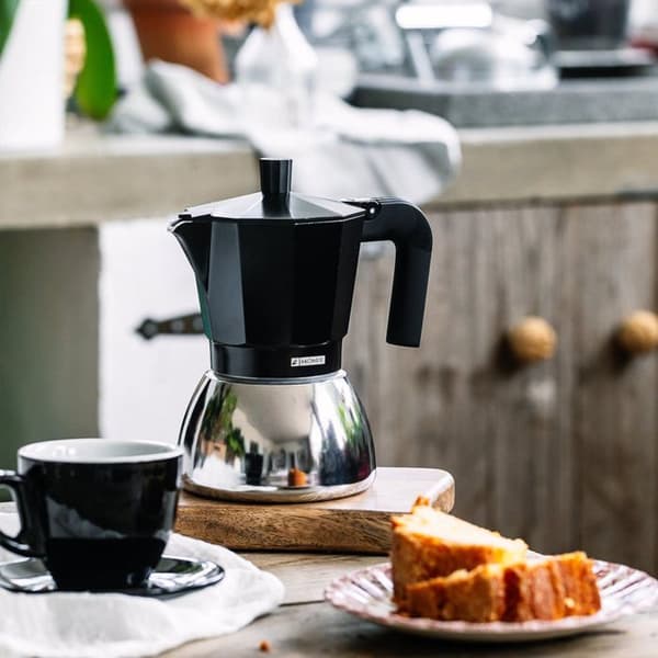 MONIX induktion i rostfritt stål | Italiensk kaffebryggare, aluminium och rostfritt stål, 9 koppar, värmebeständigt handtag, lätt att
