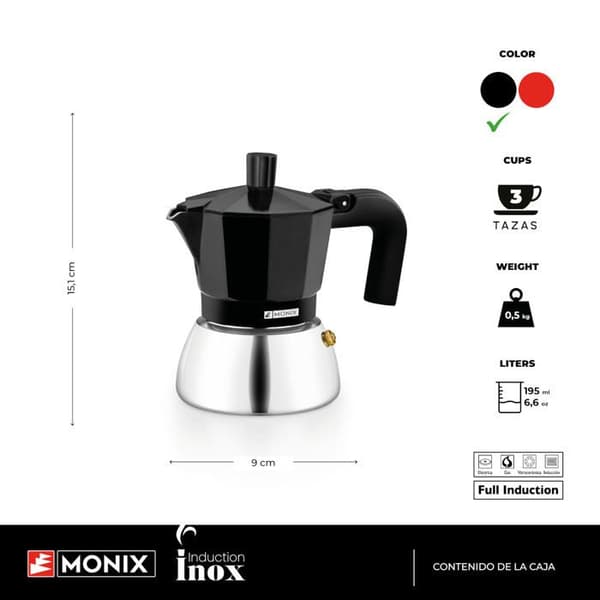 MONIX induktion i rostfritt stål | Italiensk kaffebryggare, aluminium och rostfritt stål, 9 koppar, värmebeständigt handtag, lätt att